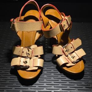 Theory Tan Heels Buckle Sandals Adjustable